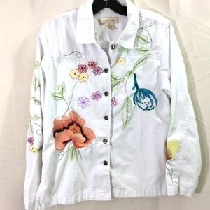 c.l.o.t.h.e.s. Embroidered Floral Botanical Button Shirt Jacket White Cotton M